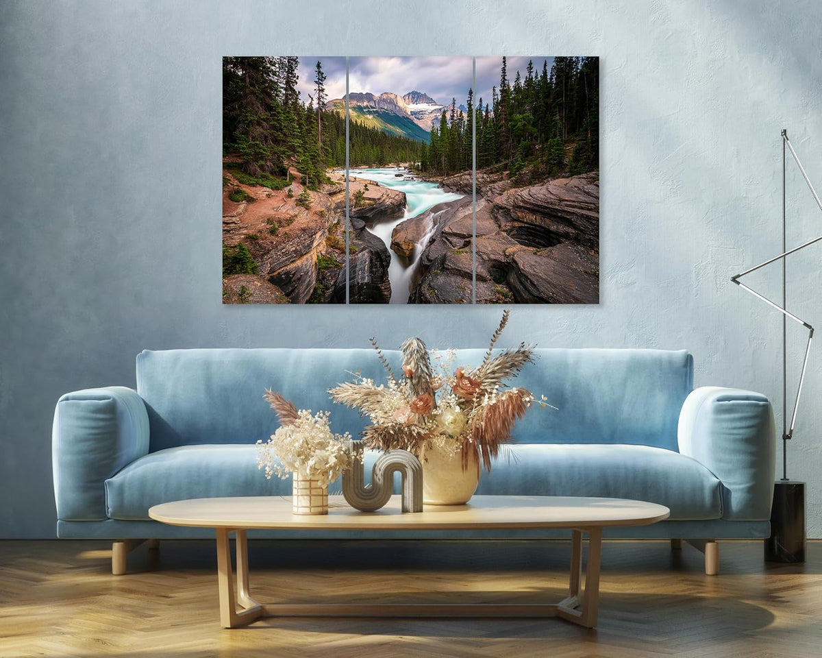 Nature Wall Art Prints - Ocean Forest Mountain Lake Canvas Landscapes - Small to Extra Large Living Room Bedroom Kitchen Bathroom Décor (Mountain River Waterfall, 31L" x 47W" - 3 Panels)