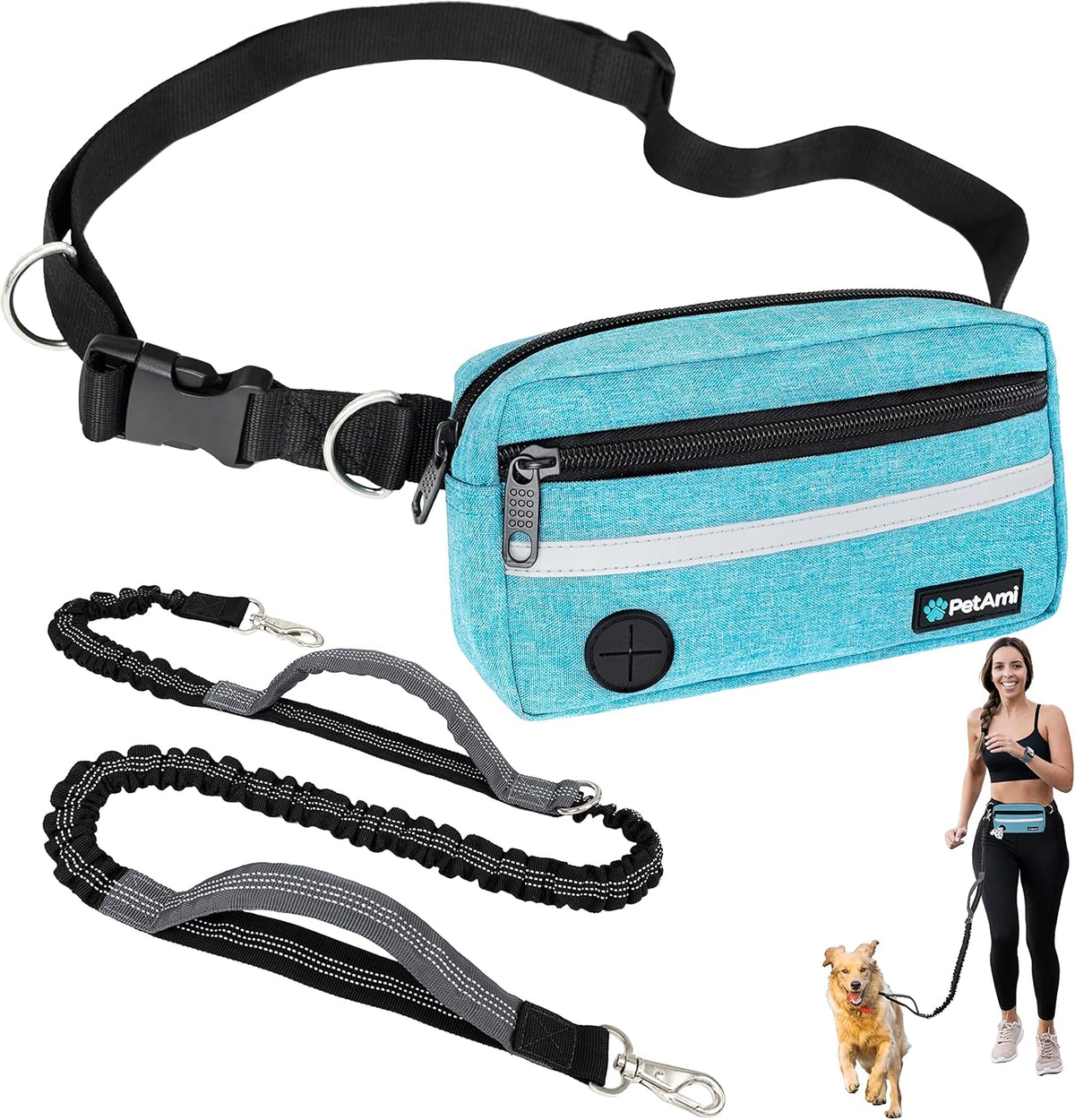 PetAmi Hands Free Dog Leash, Running Leash Belt for Walking, Jogging, Waist Zipper Pouch with Poop Bag Dispenser, Dual Padded Handles, Reflective Durable Bungee Single, Turquoise, 1