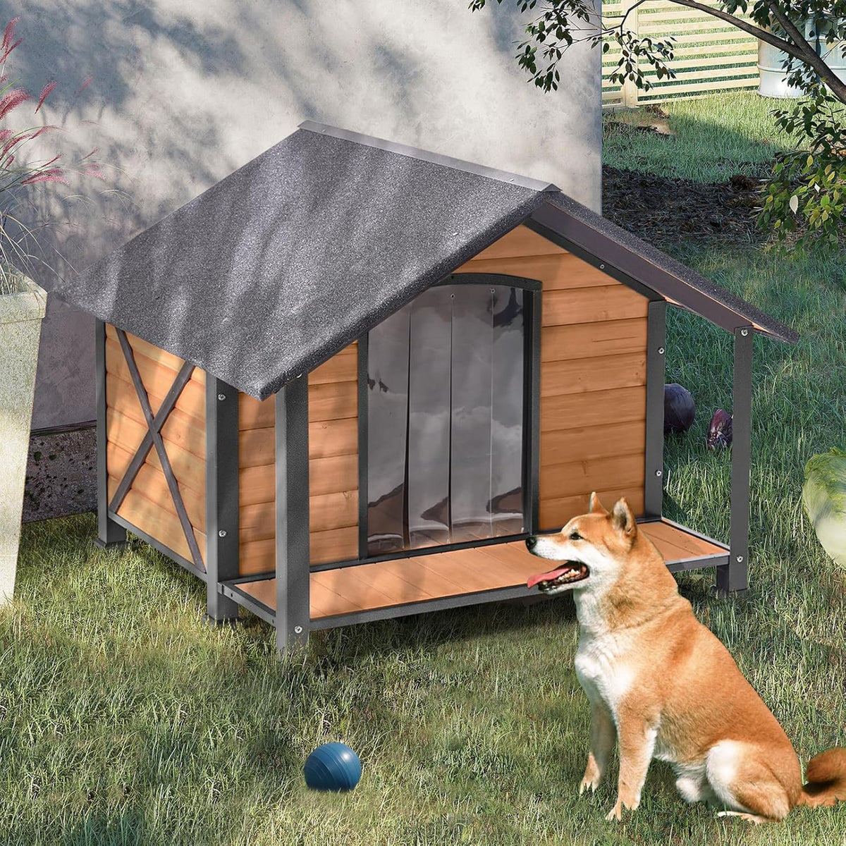 Outdoor Dog House,Weatherproof Wooden Dog Shelter for Medium to Large Sized Dogs,Iron Frame Indoor Outdoor Doghouse,Puppy Kennel,Pets Warm House in Winter with Large Porch