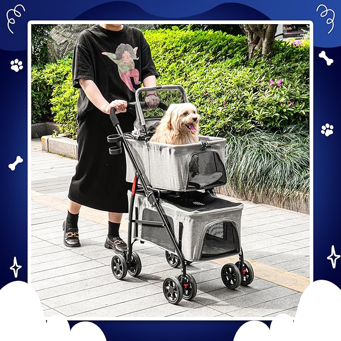 Detachable Pet Double Stroller with 4 Rolling Casters for 2 Pets – Lightweight Multifunctional Travel Stroller with Mesh Windows, Cup Holder, Sun Shades & Storage Pocket for Puppy and Kitty