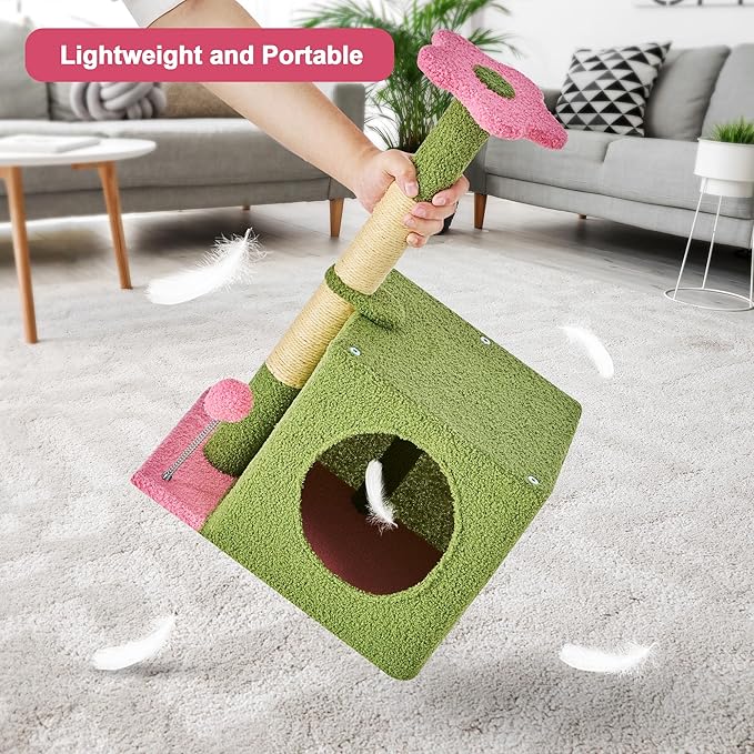 24 Inch Cat Tree Condo for Indoor Cats with Floral Sisal Scratching Post, Plush Hang Ball Play Furniture for Kittens Cats, Pink