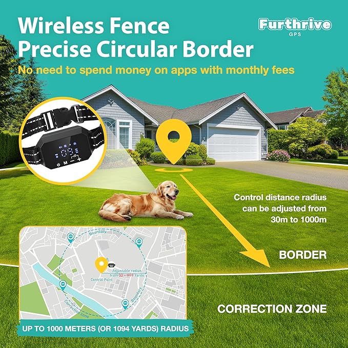 Furthrive GPS Dog Collar, Wireless Dog Fence 100–3280 ft Circular Boundary, Waterproof GPS Dog Collar Fence System Outdoor Electric Pet Barrier with Beep, Vibration & Adjustable Training