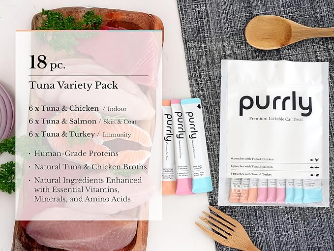 Purrly Cat Treat Snack Wet Lickable Low Calorie Healthy Grain-Free Tuna Variety Packs (18 Count) Squeezable Creamy Purée with Human-Grade Proteins and Functional Nutrients No-Artificial-Additives