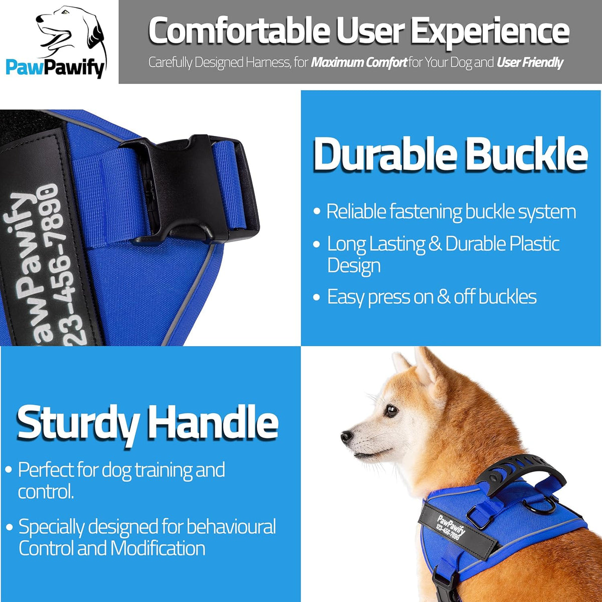 PawPawify Custom No Pull Dog Harness with Name and Phone Number, Heavy Duty Personalized Pet Vest to Prevent Tugging, Pulling, or Choking, Training and Walking (New Blue, XS (5-9LBS))
