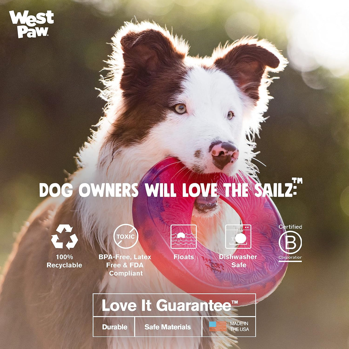 WEST PAW Seaflex Sailz Dog Toy Flying Disc - Machine Washable Eco-Friendly Zogoflex Toys for Moderate Chewers - Perfect for Fetch, Gnawing, Catch, Pet Training - Surf