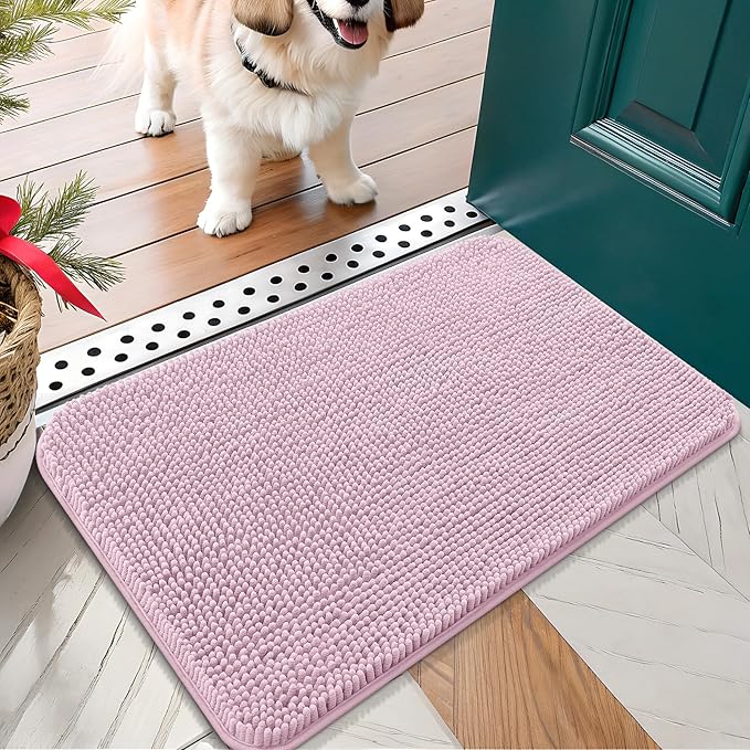 OLANLY Dog Door Mat for Muddy Paws 24x16, Absorbs Moisture and Dirt, Absorbent Non-Slip Washable Doormat, Quick Dry Chenille Mud Mat for Dogs, Entry Indoor Entryway Carpet for Inside Floor, Dusty Rose