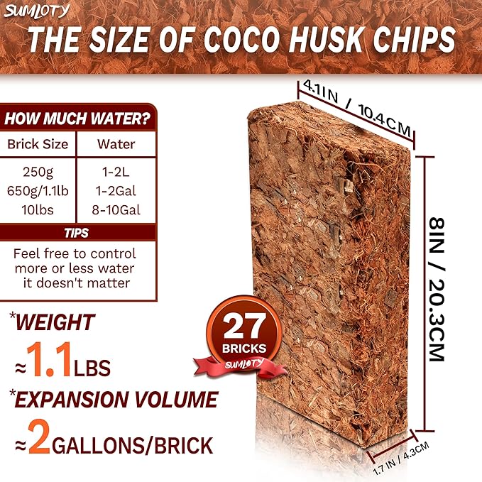 Coco Husk -27PACK Organic Coconut Husk Chips with Low EC & PH Balanced, High Expansion Coconut Substrate Coco Husk Mulch for Garden Flowers, Planting, Reptile