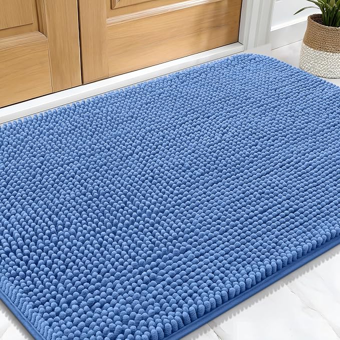 OLANLY Dog Door Mat for Muddy Paws 30x20, Absorbs Moisture and Dirt, Absorbent Non-Slip Washable Doormat, Quick Dry Chenille Mud Mat, Entry Indoor Entryway Carpet for Inside Floor, Cornflower Blue