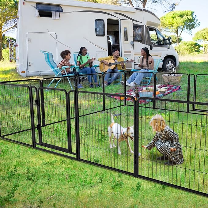 Dog Playpen Outdoor Extra Wide 16 Piece Panels Heavy Duty Dog Fence 32" Height Anti-Rust with Doors Portable for RV Camping Yard, Total 42FT, 140 Sq.ft, Snowy Black