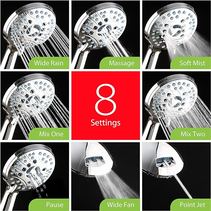 Hotel Spa AquaCare High Pressure 8-Mode Handheld Shower Head - Anti-clog Nozzles, Built-in Power Wash to Clean Tub, Extra Long 6 ft. Stainless Steel Hose, Wall & Overhead Brackets