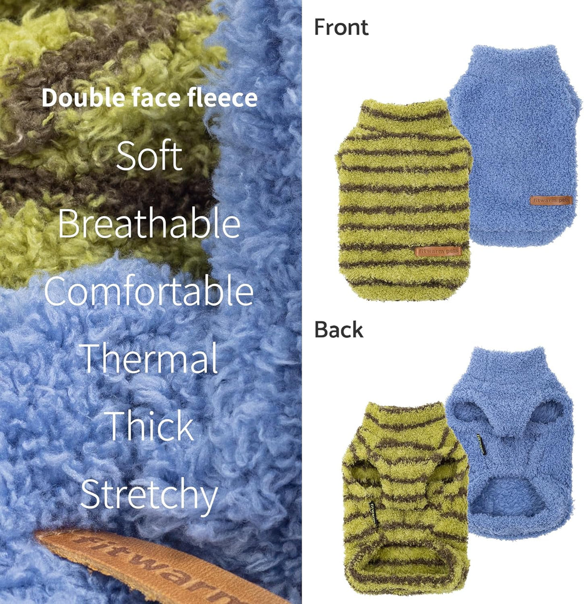 Fitwarm 2 Pack Striped Fleece Dog Sweater, Warm Winter Clothes for Small Dogs Boy Girl, Fuzzy Pet Outfit, Sky Blue, Olive Green, XL