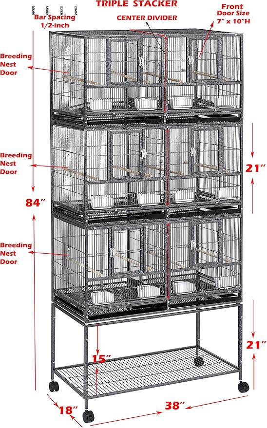 Single/Double/Triple Stackable Center Divided Breeder Breeding Bird Flight Double Rolling Cage for Aviaries Canaries Cockatiels Lovebirds Finches Budgies Small Parrots (White, Triple)