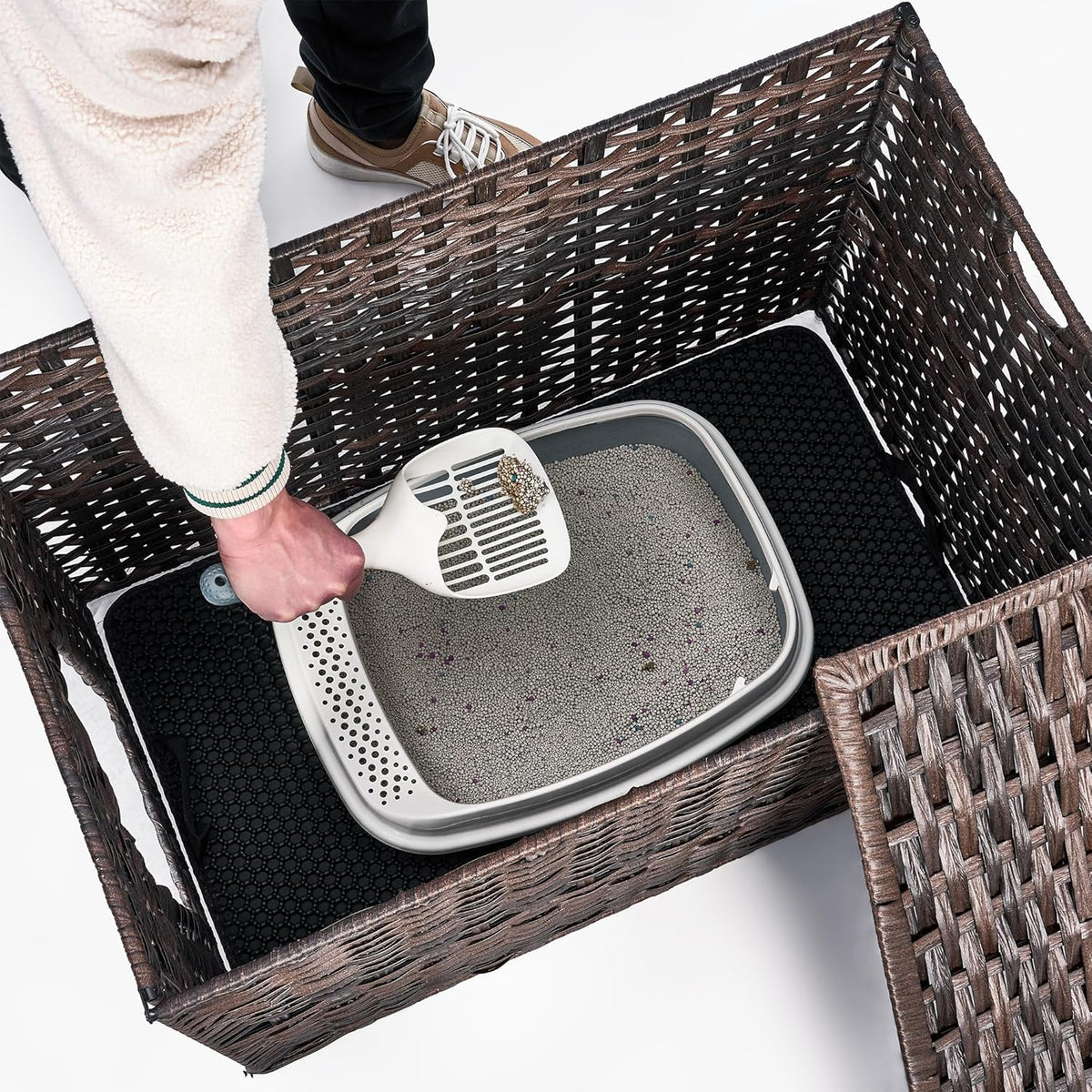 Cat Litter Box Enclosure with Litter Trapping Mat; Handwoven Plastic Rattan Kitten House; No Installation Hidden Cat Washroom; Pet Crate for Balcony,Bedroom,Living Room