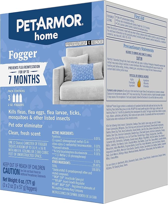 PetArmor Home Fogger, Kills Fleas, Ticks, Mosquitoes & Other Listed Insects, Helps Eliminate Pet Odor, Clean Fresh Scent, Protects for 7 Months, 3 2oz Canisters