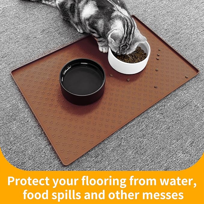 Ptlom Pet Placemat for Dog and Cat, Waterproof Silicone Pet Feeding Bowl Mats for Food and Water, Small Medium Large Dogs Mat Prevent Residues from Spilling to Floor, Brown, 18" 12"