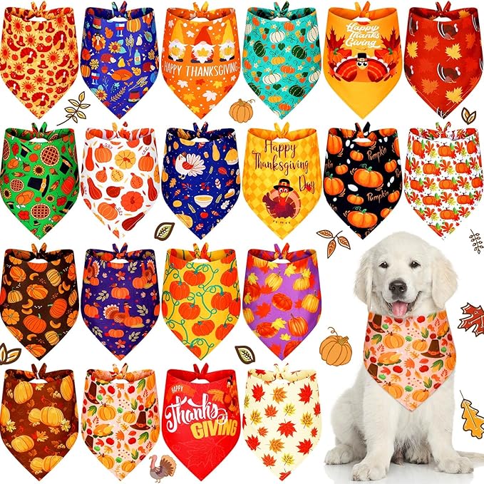 Weewooday 20 Pieces Fall Thanksgiving Dog Bandanas for Dogs Pumpkin Dog Bandana Turkey Triangle Pet Bib Adjustable Pet Bandana Soft Doggy Kerchief Accessories for Pet Costume