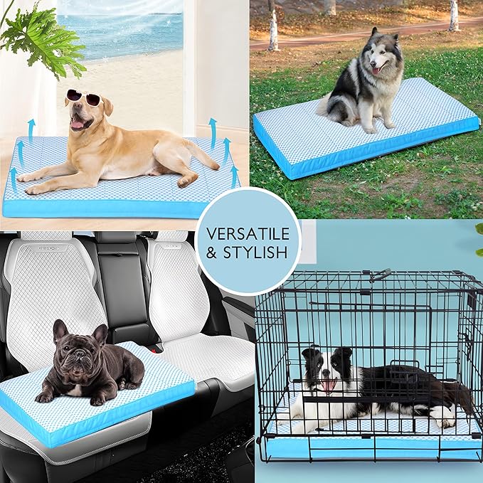 Cooling Dog Bed for Large Dogs - Orthopedic Pet Beds with Memory Foam, QMAX>0.5, Waterproof Removable Washable Cover for Hot Weather, Blue, 35" L x 23" W x 3" H
