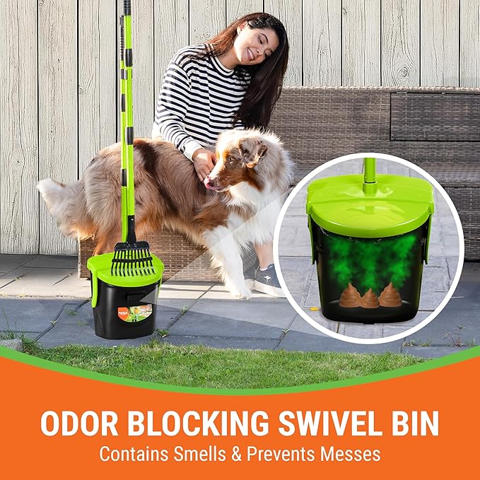 Dog Pooper Scooper with Bag Attachment, 40" Long Handle Pooper Scooper for Large Dogs, Dog Poop Scoop for Yard, Large Capacity Swivel Bin and Rake, Lavender Scented Bags (Green)