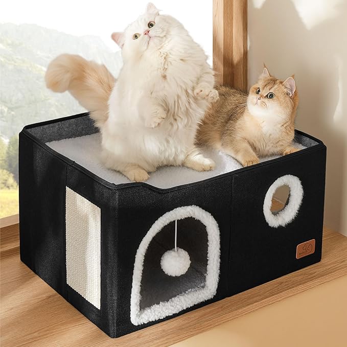 Bedsure Large Cat Beds for Indoor Cats - Extra Wide Cat Cube House for Small Pet with Fluffy Ball Hanging and Scratch Pad, Foldable Pet Cave Hideaway for Multiple Cats, 23.6x16.9x13 inches, Black