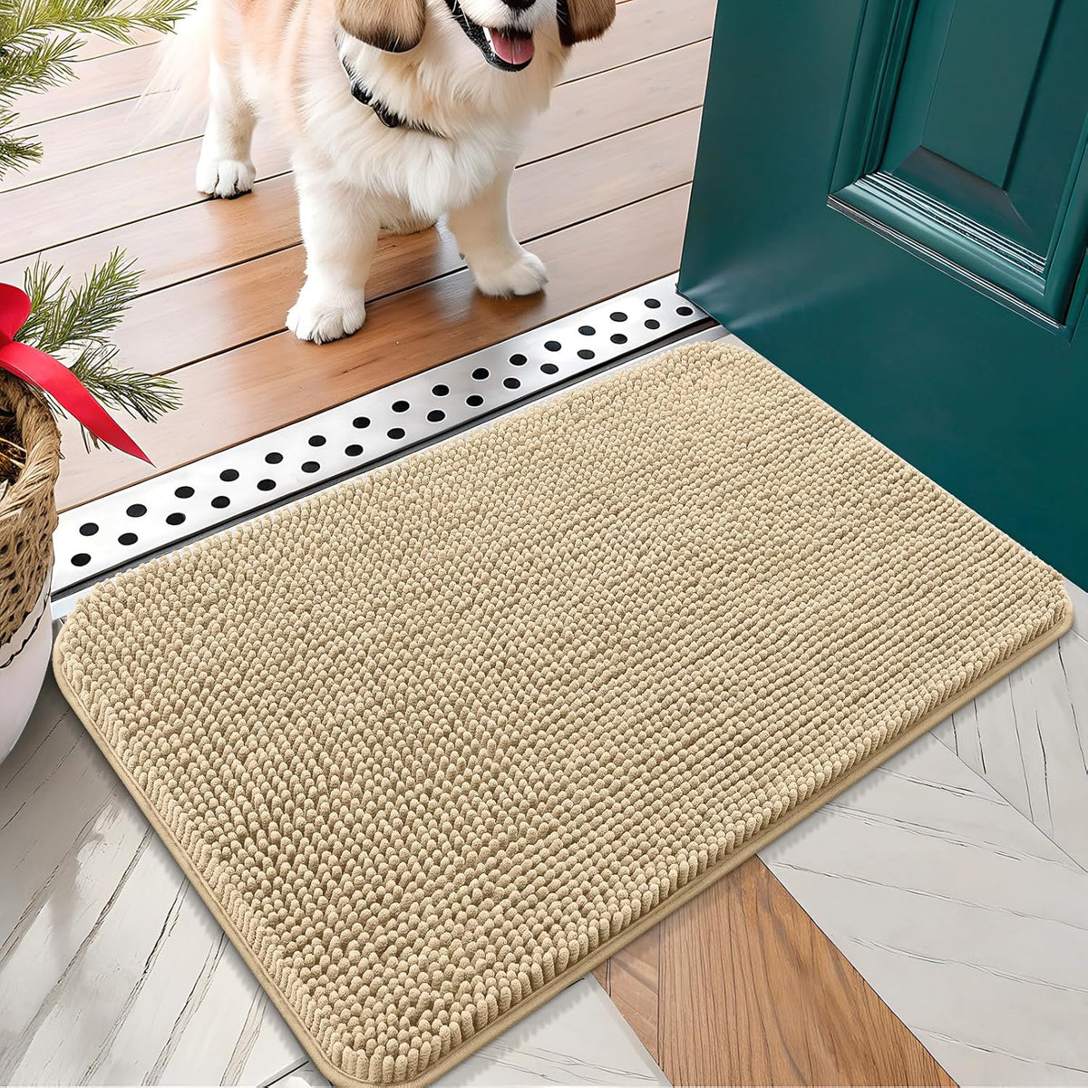 OLANLY Dog Door Mat for Muddy Paws 24x16, Absorbs Moisture and Dirt, Absorbent Non-Slip Washable Doormat, Quick Dry Chenille Mud Mat for Dogs, Entry Indoor Entryway Carpet for Inside Floor, Beige