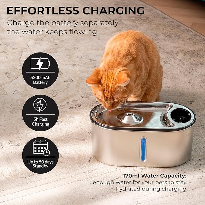 Wireless Cat Water Fountain Stainless Steel 108oz/3.2L, Cordless, Battery Operated Cat Fountain (Last up to 50 Days), Ultra Quiet, 2 Flow Modes, Multi-Filtration, BPA Free, Includes 2 Filters - Black