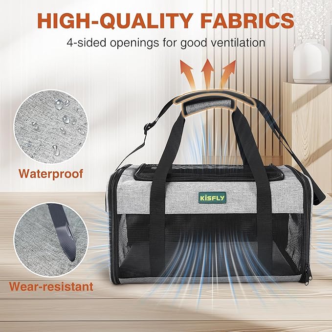 TSA Approved Pet Carrier in Cabin, 17"x11"x9.5" Soft Cat Carriers for Small Cats up to 12 lb, Top-Open Portable Dog Carrier with Litter Box and Anti-Scratch Mesh for Puppy up to 10 lb, Gray