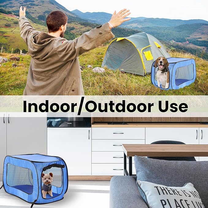 Beatrice Home Fashions Portable, Collapsible, Pop Up Kennel Travel Cat and Dog Crate, 32.5" L x 19.5" W x 19.5" H, Blue