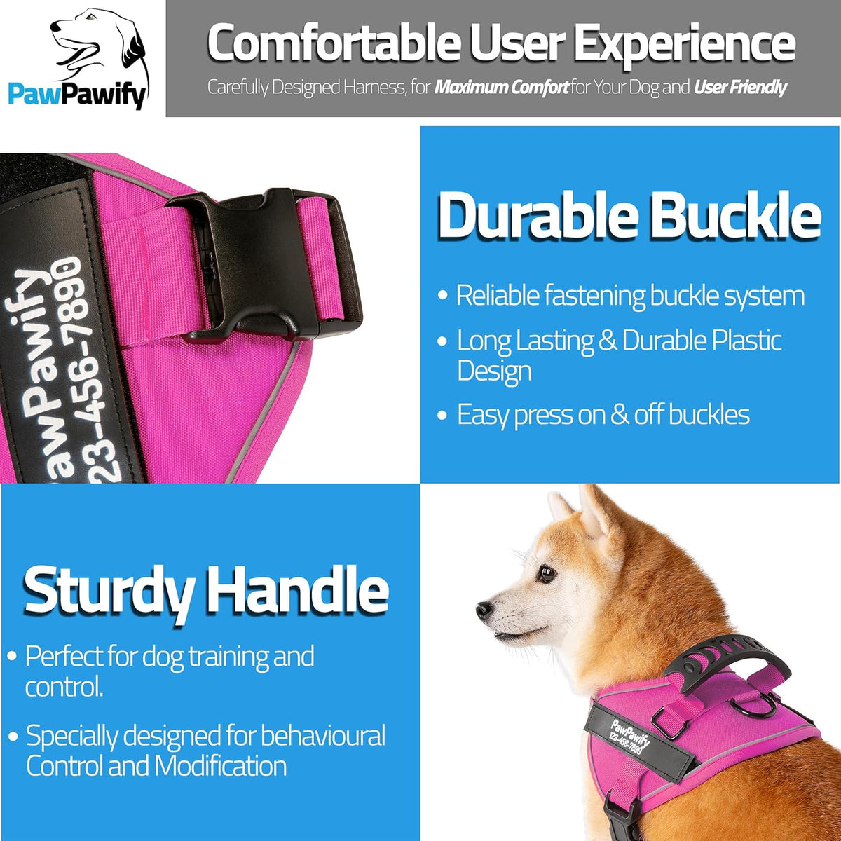 PawPawify Custom No Pull Dog Harness with Name and Phone Number, Heavy Duty Personalized Pet Vest to Prevent Tugging, Pulling, or Choking, Training and Walking (New Pink, XXL (85-140 LBS))