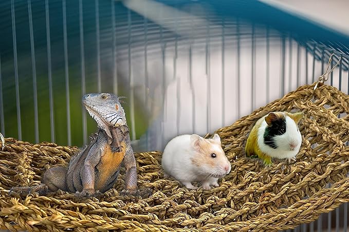 SIMENA Seagrass Mat for Birds, Natural Grass Woven Bird Net Hammock, Climbing Rope Ladder, Chew Toys for Parrots Lovebirds Cockatiels Conures Budgies, Cockatoos (Small)