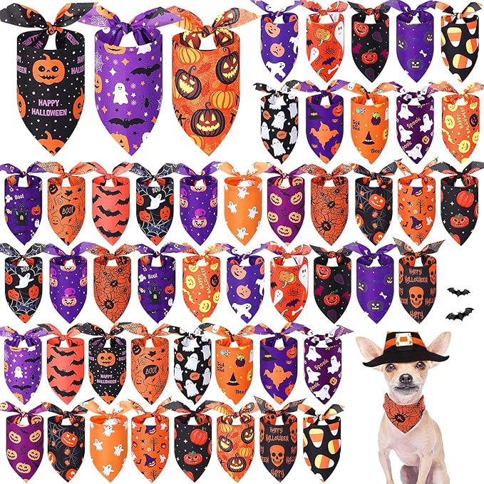 Abbylike 50 Pcs Halloween Dog Bandanas Bulk Pumpkin Bandanas for Dogs Triangle Kerchief Bibs Scarf Set for Pet Halloween Costume Photo Props Accessories Pet Shops, 25 Styles (19.7 x 13.8 x 13.8")