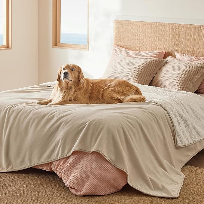 Bedsure Waterproof Blanket for Bed - Sherpa Fleece Waterproof Dog Blankets for Large Dogs, Pet Blankets for Bed/Couch/Dog Crate, Soft Plush Reversible Furniture Protector, Queen Size, 90"x86", Cream