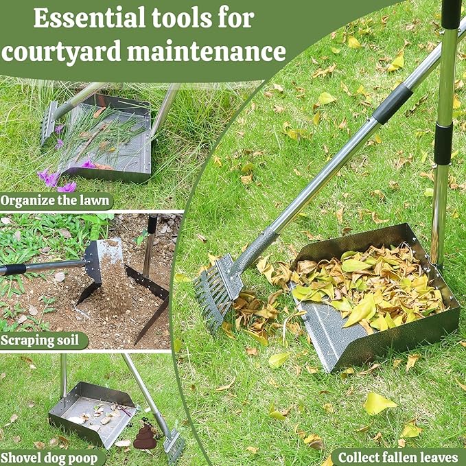 T2Y Pooper Scooper, Extra Long Handle Dog Pooper Scooper, Adjustable Stainless Steel Rake & Spade & Extra Large Tray, Durable Poop Scoopers for Yard, Lawn, Snowfield, Suitable for Multi-Dog Family