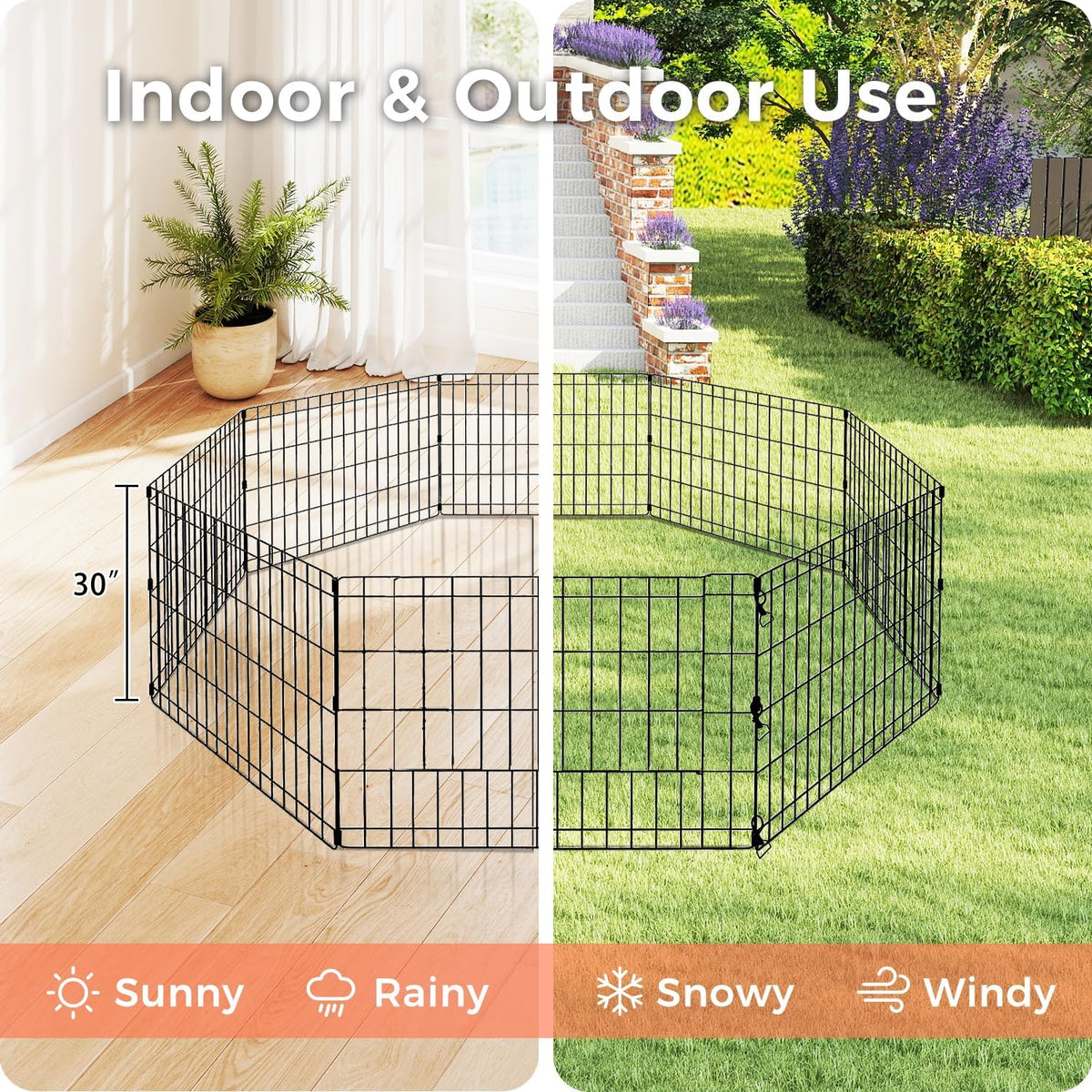 Foldable Dog Playpen 30" Height 8 Panels Metal Exercise Pen No Door - Indoor/Outdoor Puppy Playpen for Small Dogs, Portable Pet Fence for Yard Garden Camping, Black