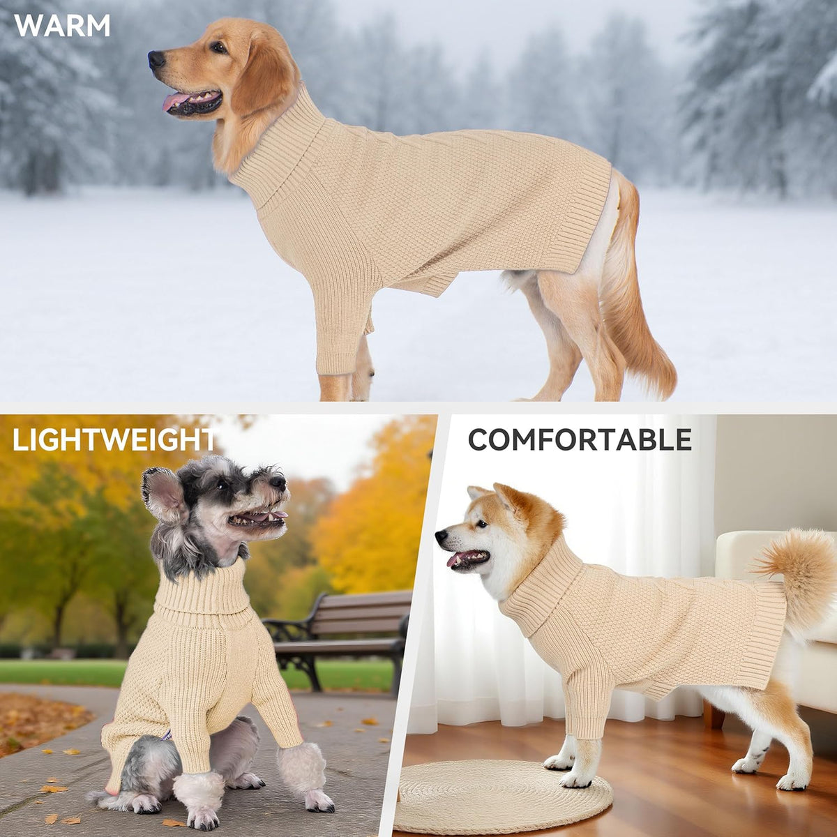 cyeollo Dog Sweater Turtleneck Knitted Sweaters with Sleeve Fall Winter Dog Clothes Sweaters for Small Dogs, Beige M