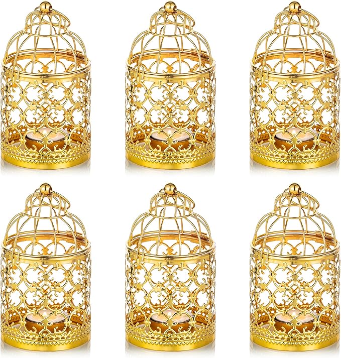 6 Pcs Small Metal Tealight Hanging Birdcage Lantern, Vintage Decorative Centerpieces of Wedding, Party, Gold