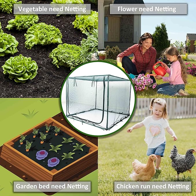 Square 4'x4' Netting Cover 3.3FT Tall Crop Cage Pest Guard Cover for Vegetables Fruits Durable Plant Garden Net with 4 Stakes