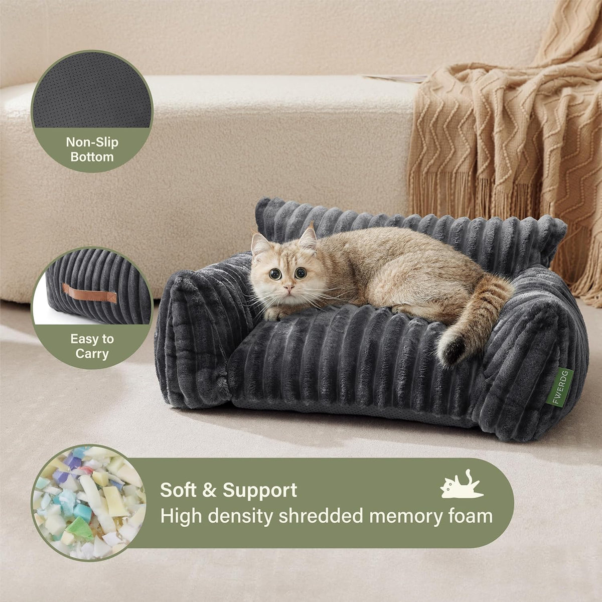 Cute Couch Bed for Pets, Supportive Cat Sofa for Indoor Cats, Small Dog Sofa Bed for Small Dogs, Grey, 24 inches
