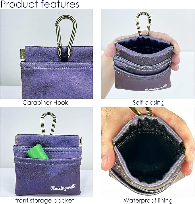 Dog Treat Pouch, Pocket Sized Pet Training Pouch, Hand Free Purple Dog Walking Bag with Carabiner, Self-Closing Pet Feed Snack Reward, for Puppy Travel or Outdoor Use, NanoPTC
