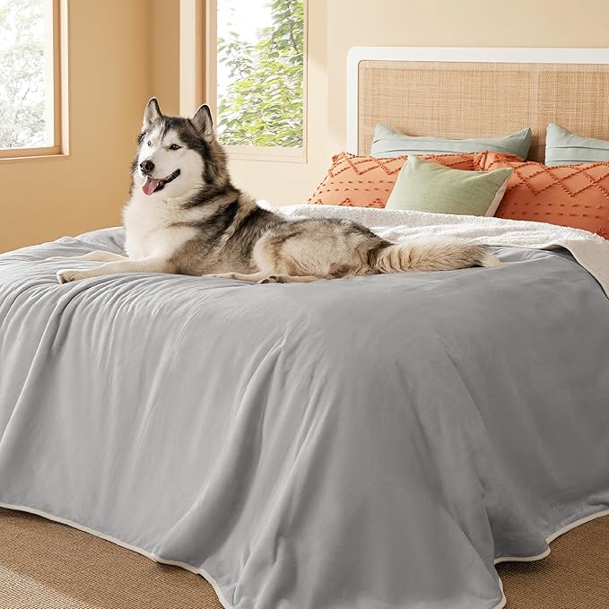 Bedsure Waterproof Blanket for Bed - Sherpa Fleece Waterproof Dog Blankets for Large Dogs, Pet Blankets for Bed/Couch/Dog Crate, Soft Plush Reversible Furniture Protector, King, 108"x86", Light Grey