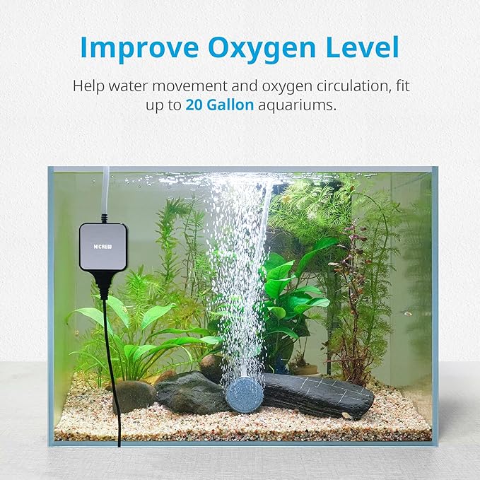 NICREW Nano Silent Aquarium Air Pump Black, Aquarium Aerator with Accessories for UP to 20 Gallon Fish Tank, Super Quiet, 0.6 L/min, 1.5 Watts