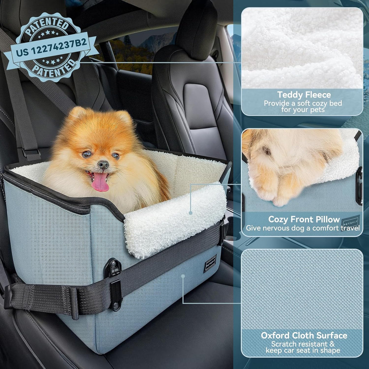 PETSFIT Dog Car Seats for Small Dogs, Patent Safe Buckles Dog Booster Car Seat, Pet Car Seat with Safety Belt, Suitable for Small Pets Up to 25lbs (Mint Green)