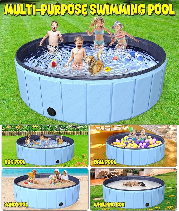 Giant Dog Pool 97"x16", Hyperzoo Foldable Dog Swimming Pool, Hard Plastic PVC Leakproof Doggie Wading Collapsible Pet Bathing Tub for Puppy Small Medium Large Dogs and Kids, Blue