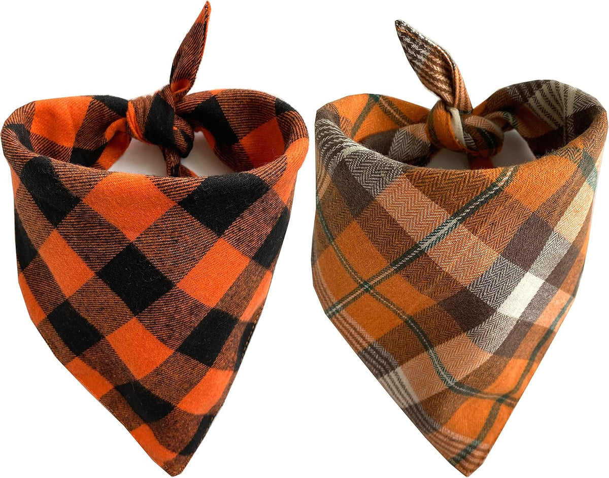 Realeaf Fall Halloween Dog Bandanas 2 Pack, Orange Plaid Pet Scarf for Boy and Girl, Premium Durable Fabric, Holiday Thanksgiving Bandana for Small and Medium Dogs (Small)