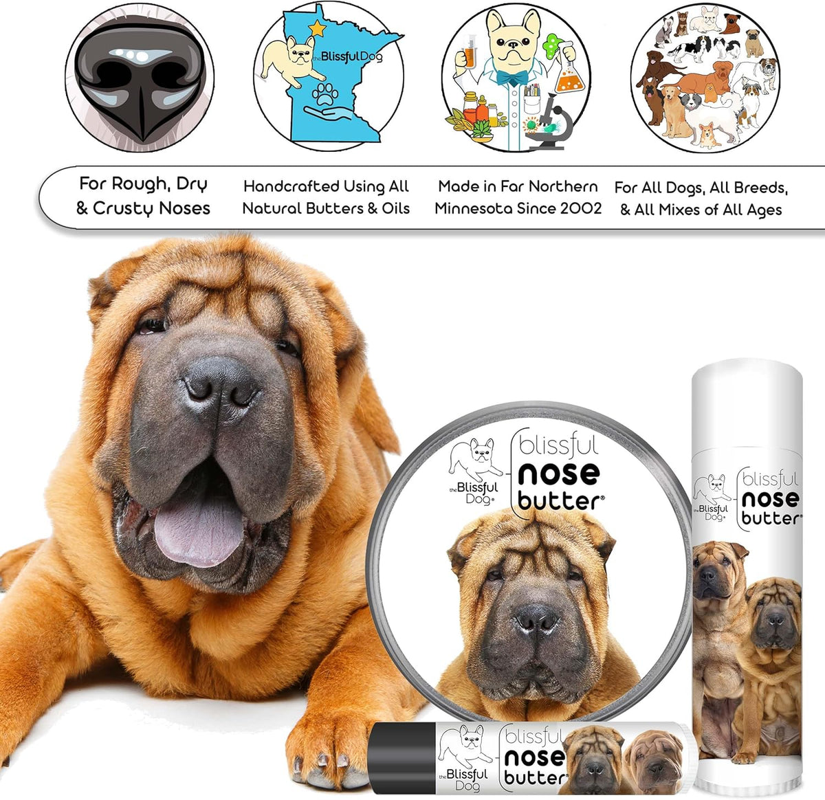 The Blissful Dog Chinese Shar-Pei Nose Butter for Dry, Cracked Skin, Lick-Safe Dog Nose Balm with Moisturizing Shea Butter, Almond, Olive, and Essential Oils, Pet Supplies, Uncented, 1 oz.