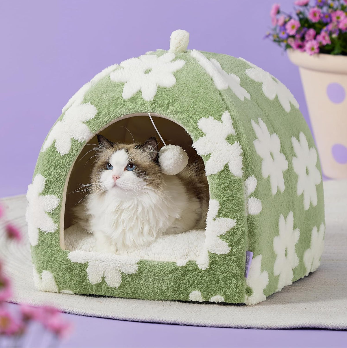 Lesure Cute Cat Beds for Indoor Cats - 2 in 1 Large Cat Cave Bed with Removable Washable Cushioned Pillow, Cozy Kitten Tent with Non-Slip Bottom, Green, 17.3 inches