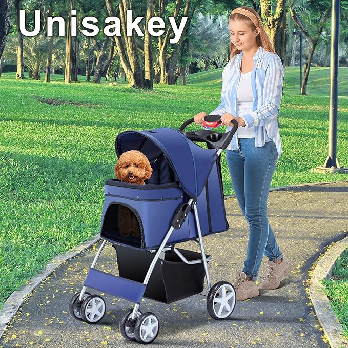 4 Wheels Pet Stroller for Small Medium Dogs Cats 10-33 lbs, Foldable Dog and Cat Stroller with Cup Holder & Storage Basket & Breathable Mesh, Pet Strolling Cart for All-Season, Navy Blue