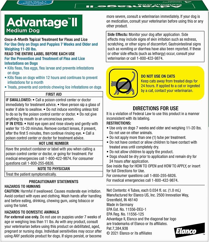Advantage II Medium Dog Vet-Recommended Flea Treatment & Prevention | Dogs 11-20 lbs. | 4-Month Supply