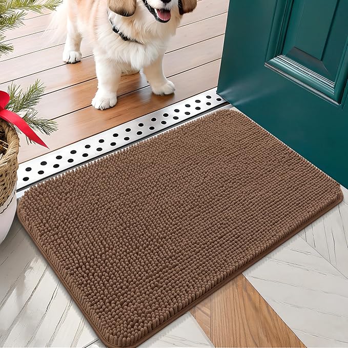 OLANLY Dog Door Mat for Muddy Paws 24x16, Absorbs Moisture and Dirt, Absorbent Non-Slip Washable Doormat, Quick Dry Chenille Mud Mat for Dogs, Entry Indoor Entryway Carpet for Inside Floor, Mocha