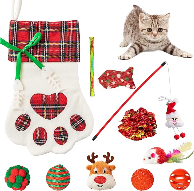 MALLMALL6 11Pcs Christmas Cat Stocking Toys Interactive Cat Toys Pack Including Feather Teaser Wand Catnip Mouse Crinkle Bells Ball Spring Toys for Indoor Cats, Christmas Hanging Stocking for Pet Cats