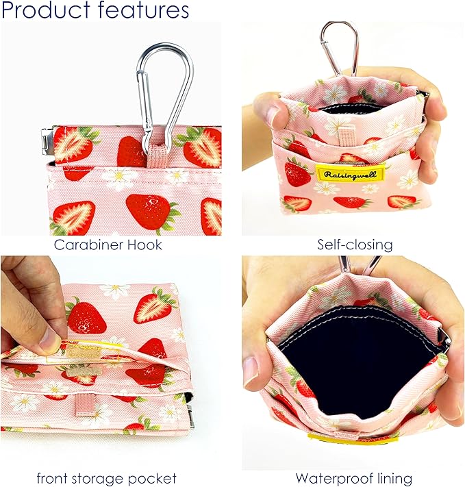 Dog Treat Pouch,Cotton Pocket Sized Training Holder, Hand Free Walking Funny Bag with Carabiner, Self-Closing Pet Feed Snack Reward, Behavior Aids for Puppy Travel or Outdoor Use（Strawberry）